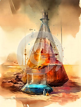 ÃÂ¡lose-up of a glass flask for chemical experiments with smoke coming out of it in a highly detailed watercolor style. AI photo